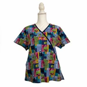 Disney Kermit The Frog Print Nursing Medical Scrub Top Women's Medium